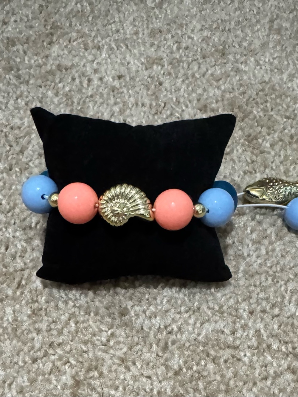 Gold Shell Accent Bracelet with Coral and Light Blue Beads